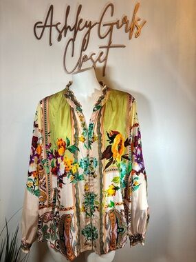 Johnny Was Multicolor Floral Satin Blouse with Embroidered Label
